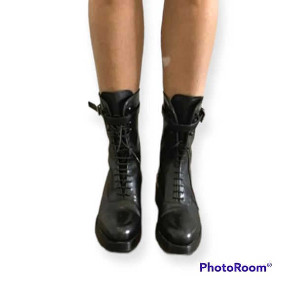 Prada Combat Boots Leather Brogue Lace Up Black Buckle Heeled 39 - Picture 6 of 12